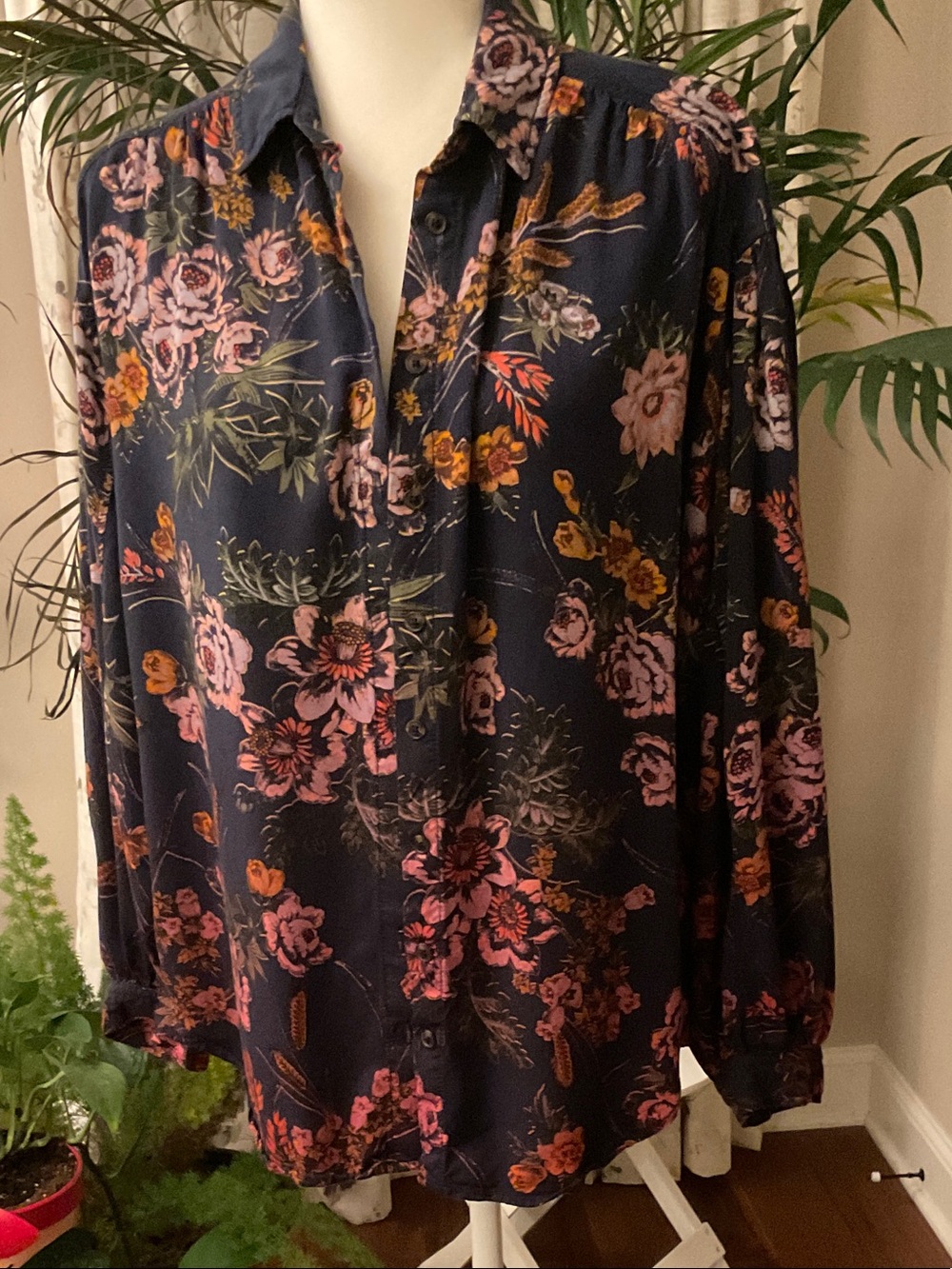 Anthropologie - Navy Floral Button-Front Blouse with Pink and Orange Blooms